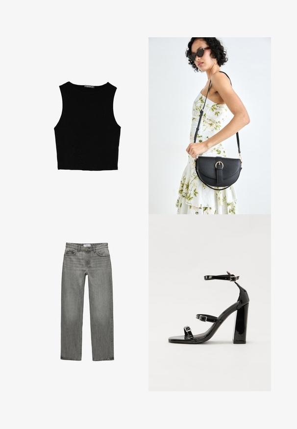 Černý bezsleeve crop top vyrobený z hladké tkaniny, s kulatým výstřihem a čistým, jednoduchým designem bez vzorů nebo kovových doplňků.; Šedé džíny z denimu s rovnými nohavicemi, pět kapsami a vybledlým vzhledem. Obsahují kovový knoflík a zipový zapínání.; Černé lakované sandály na podpatku se čtveratou špičkou, lýtkovými pásky a stříbrnými přezkami. Disponují masivním blokovým podpatkem pro stabilitu.; Černá kožená kabelka s křivkovým tvarem, odnímatelným popruhem a zlatými detaily. Kabelka má klopu s přezkou.