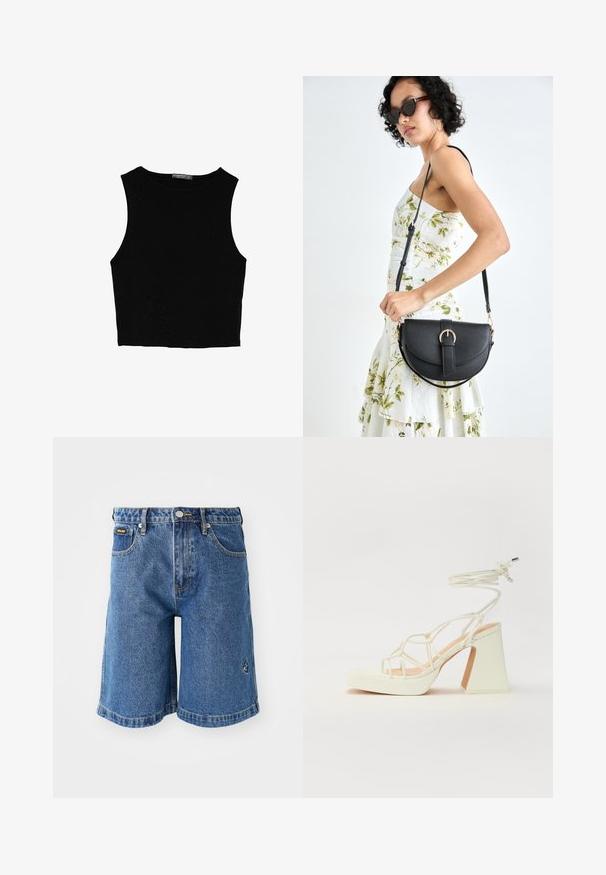 Čierny bezrukávový crop top vyrobený z hladkej tkaniny, so zaobleným výstrihom a čistým, jednoduchým dizajnom bez vzorov alebo kovania.; Modré džínsové šortky so striha s rovnými nohavicami, piatimi vreckami a kontrastným žltým prešitím. Obsahujú malé logo na ľavej strane.; Biele sandále na vysokom opätku s hrubým podpätkom, s pruhovaným dizajnom a viazaním na členku. Hladký povrch s platformou vpredu pre zvýšenú výšku.; Čierna kožená kabelka s zaobleným tvarom, odnímateľným popruhom a zlatými doplnkami. Kabelka má klopu s detailom s prackou.