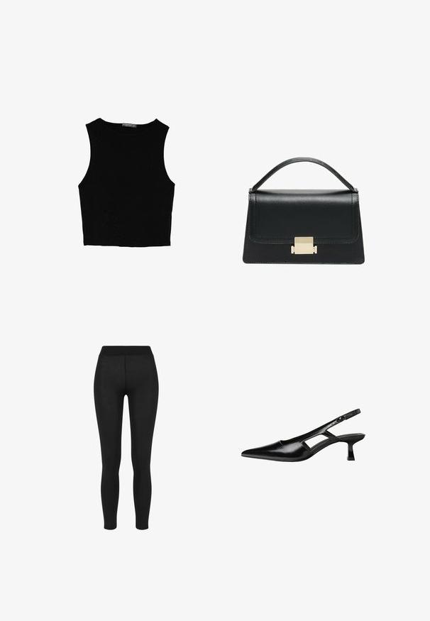 Zwarte mouwloze crop top van soepel materiaal, met een ronde hals en een schone, eenvoudige uitstraling zonder patronen of hardware.; Zwarte leggings met een gladde stof, hoge tailleband, nauwsluitend ontwerp en geen zichtbare naden, geschikt voor casual of actieve kleding.; Zwarte gepatineerde leren slingback hakken met een puntige neus, uitsparing aan de zijkant en een kleine vierkante hak. Gladde textuur met minimale accenten.; Zwarte lederen handtas met een gestructureerd ontwerp, bovenhandgreep en een gouden metalen sluitingdetails aan de voorkant. Gladde textuur, minimale stiksels.