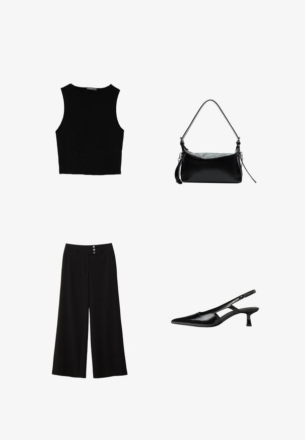 Černý bezsleeve crop top vyrobený z hladké tkaniny, s kulatým výstřihem a čistým, jednoduchým designem bez vzorů nebo kovových doplňků.; Černé kalhoty s širokými nohavicemi a plochým páskem, které mají dva knoflíkové detaily vpředu a boční kapsy pro praktičnost. Hladká textura.; Černé lakované lodičky na podpatku se špičatou špičkou, výřezovým designem na boku a malým čtvercovým podpatkem. Hladká textura s minimálními akcenty.; Černá kožená kabelka s zakřiveným ramenním popruhem, hladkým povrchem, obdélníkovým tvarem, zipovým uzavřením a stříbrnými kovovými detaily.