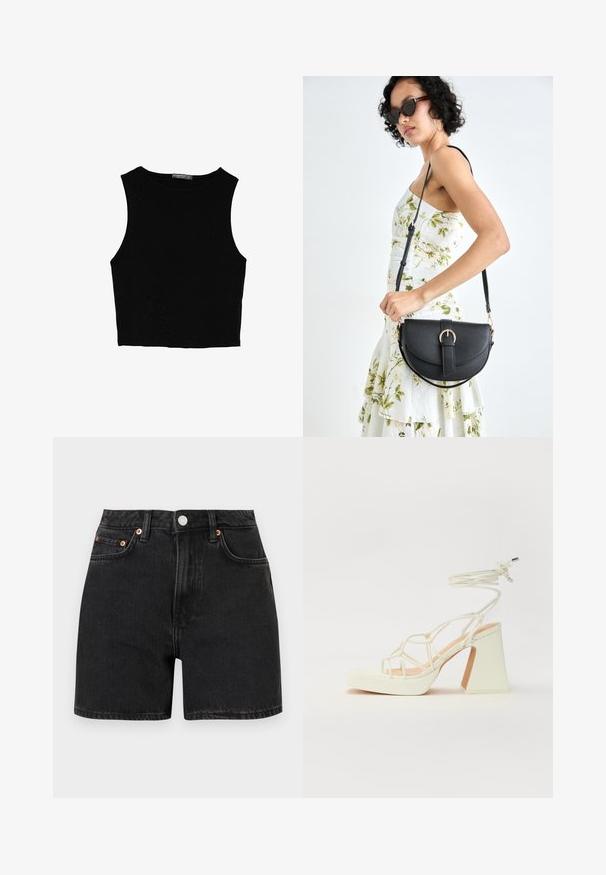 Musta hihaton crop-top, joka on valmistettu sileästä kankaasta, jossa on pyöreä kaula-aukko ja siisti, yksinkertainen muotoilu ilman kuvioita tai varusteita.; Mustat denimpuskut korkealla vyötäröllä, joissa on kuparinväriset nappikoristeet ja viisi taskua. Sileä pinta, suora leikkaus ja käännetyt lahkeet.; Valkoinen korkokenkä, jossa on paksu korko, ja joka sisältää nauhakiinnityksen ja nilkkaketjun. Sujuva pinta, jossa on platform-etupohja lisäkorkeutta varten.; Musta nahkainen käsilaukku, joka on kaareva muotoilultaan, irrotettavalla hihnalla ja kultaisilla yksityiskohdilla. Laukussa on läppä, jossa on solk yksityiskohta.