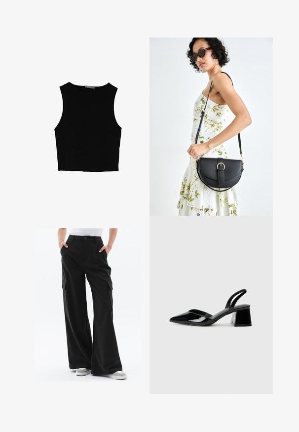 Musta hihaton crop-top, joka on valmistettu sileästä kankaasta, jossa on pyöreä kaula-aukko ja siisti, yksinkertainen muotoilu ilman kuvioita tai varusteita.; Lepas cargo berpotongan lebar dalam kain hijau gelap dengan poket sisi dan penutupan butang. Tekstur licin dengan potongan yang disesuaikan. Dipadankan dengan kasut sneakers kelabu.; Mustat patentoitu nahkakengät, joissa on säären takaosa ja terävä kärki, sekä geometrinen palikkakorko. Sisältää tyylikkään, minimalistisen muotoilun ja sileän pinnan.; Musta nahkainen käsilaukku, joka on kaareva muotoilultaan, irrotettavalla hihnalla ja kultaisilla yksityiskohdilla. Laukussa on läppä, jossa on solk yksityiskohta.