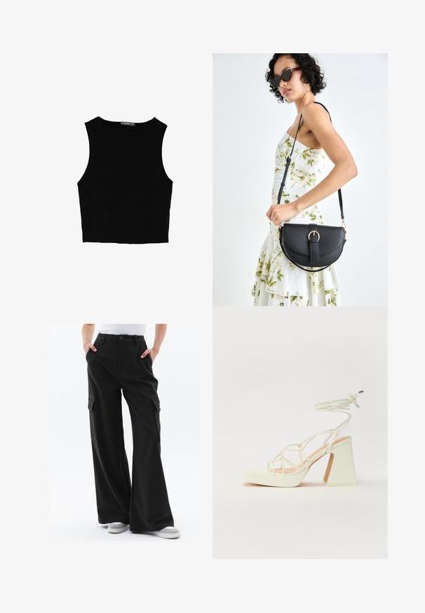 Schwarzes ärmelloses Crop-Top aus glattem Stoff, mit rundem Ausschnitt und einem klaren, schlichten Design ohne Muster oder Beschläge.; Weite Cargo-Hosen aus dunkelgrünem Stoff mit seitlichen Taschen und einem Knopfverschluss. Glatte Textur mit taillierter Passform. Kombiniert mit grauen Sneakers.; Weiße High-Heel-Sandale mit einem klobigen Absatz, die über ein Riemchendesign und ein Knöchelband verfügt. Glatte Textur mit einer Plattform vorne für zusätzliche Höhe.; Schwarze Lederhandtasche mit geschwungener Form, abnehmbarem Tragegurt und goldenen Beschlägen. Die Tasche verfügt über einen Deckel mit einer Schnallen-Details.