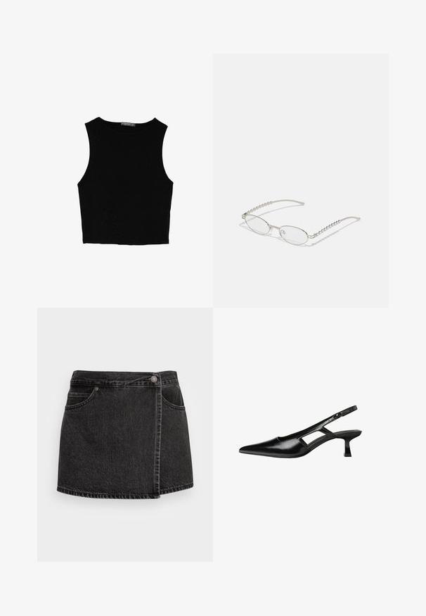 Čierny bezrukávový crop top vyrobený z hladkej tkaniny, so zaobleným výstrihom a čistým, jednoduchým dizajnom bez vzorov alebo kovania.; Čierna džínsová mini sukňa s mierne rozstrapkaným lemom, dvoma prednými vreckami a strieborným zapínaním na gombík. Obsahuje bočný obalový dizajn.; Čierne lakované kožené lodičky na podpätku s špicatou špičkou, výrezovým dizajnom na boku a malým štvorcovým podpätkom. Hladký povrch s minimálnymi akcentmi.; Oválne okuliare s kovovým strieborným rámom, priesvitnými šošovkami a textúrovanými perlovými akcentmi na spánkoch. Ľahký dizajn s zahnutými ramenami.