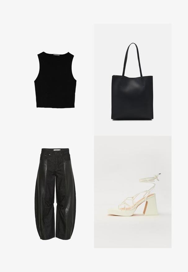 Černý bezsleeve crop top vyrobený z hladké tkaniny, s kulatým výstřihem a čistým, jednoduchým designem bez vzorů nebo kovových doplňků.; Černé kalhoty s kombinací denimu a kožených panelů. Design je široký s variacemi textury, což vytváří výrazný vizuální kontrast.; Bílé sandály na vysokém podpatku s robustním podpatkem, s designem s pásky a zavazováním kolem kotníku. Hladký povrch s platformou vpředu pro zvýšení výšky.; Černá kožená taška přes rameno s hladkým povrchem, obdélníkovým tvarem a dvěma dlouhými uchy. Žádné viditelné kování ani ozdoby.