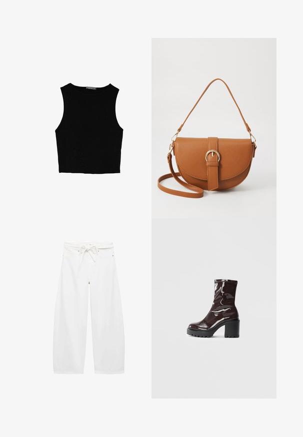 Black sleeveless crop top made of smooth fabric, featuring a round neck and a clean, simple design without patterns or hardware.; White wide-leg pants made of lightweight fabric, featuring a drawstring waist, two front pockets, and simple metal hardware accents.; Glossy burgundy ankle boot with a chunky black heel, featuring a smooth texture and simple design. No visible fastenings or patterns.; Brown leather crossbody bag with a curved shape, gold hardware, and a buckle accent. Features a detachable shoulder strap.