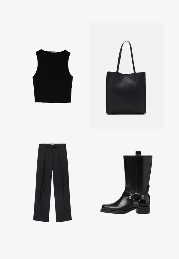 Čierny bezrukávový crop top vyrobený z hladkej tkaniny, so zaobleným výstrihom a čistým, jednoduchým dizajnom bez vzorov alebo kovania.; Čierne široké nohavice vyrobené z hladkého materiálu, s prednými záhybmi, zipsovým uzáverom a pútkami na opasok, poskytujúce upravenú siluetu.; Čierne kožené čižmy po kolená s špicatou špičkou, striebornými prackami a robustným podpätkom. Obsahujú pútko pre jednoduché obúvanie.; Čierna kožená taška na rameno s hladkým povrchom, obdĺžnikovým tvarom a dvoma dlhými uchami. Bez viditeľného kovania alebo ozdôb.