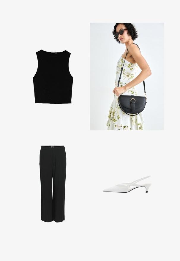 Čierny bezrukávový crop top vyrobený z hladkej tkaniny, so zaobleným výstrihom a čistým, jednoduchým dizajnom bez vzorov alebo kovania.; Široké čierne nohavice vyrobené z ľahkej tkaniny. Obsahujú elastický pás a hladký povrch. Bez vreciek alebo viditeľných vzorov.; Biele slingback podpätky s špicatou špičkou, s hladkým zvrškom, jemnými výrezmi a nízkym blokovým podpätkom. Čierna podrážka zvýrazňuje dizajn.; Čierna kožená kabelka s zaobleným tvarom, odnímateľným popruhom a zlatými doplnkami. Kabelka má klopu s detailom s prackou.