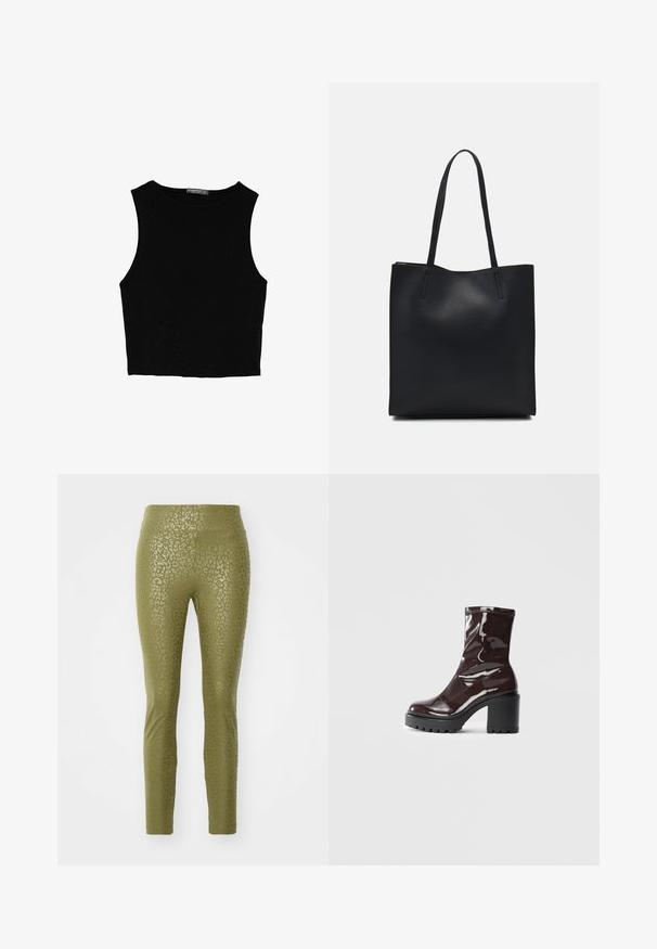 Svart ärmlös crop top i mjukt tyg, med rund hals och en ren, enkel design utan mönster eller detaljer.; Olivengröna leggings med ett subtilt leopardmönster, tillverkade av ett elastiskt material med en mjuk textur och en åtsittande design.; Glansig bordeauxfärgad ankelsko med en kraftig svart klack, som har en slät yta och enkel design. Inga synliga stängningar eller mönster.; Svart lädertoffelväska med slät textur, rektangulär form och två långa handtag. Ingen synlig hårdvara eller dekorationer.