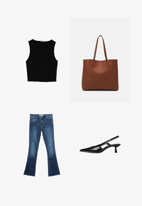 Črn brez rokavov crop top, izdelan iz gladkega materiala, z okroglim izrezom in čistim, preprostim dizajnom brez vzorcev ali dodatkov.; Razširjene jeans hlače v srednji modri pranju. Imajo sprednje žepe, zanke za pas in standardni pas. Očitno kontrastno šivanje po celotni dolžini.; Črne patentični usnjeni salonarji s slingback designom, z zašiljenim nosom, izrezanim stranskim dizajnom in majhnim kvadratnim peto. Gladka tekstura z minimalnimi detajli.; Rjava usnjena torba z gladko teksturo, odprto zasnovo zgoraj in dvema naramnima trakovoma. Opremljena je z minimalnim šivanjem in brez vidnih kovinskih delov.