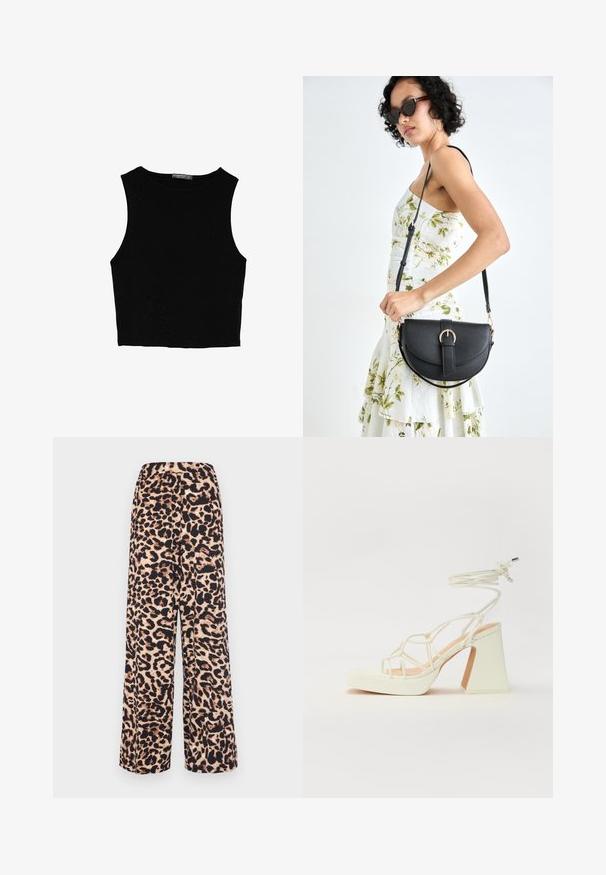 Top corto senza maniche nero realizzato in tessuto liscio, con scollatura rotonda e un design pulito e semplice, privo di pattern o accessori.; Pantaloni a gamba larga realizzati in tessuto morbido con stampa leopardata in beige caldo e marrone scuro, dotati di una vita elastica per il massimo comfort.; Sandalo bianco con tacco alto, caratterizzato da un design a cinturini e un legaccio alla caviglia. Texture liscia con una piattaforma frontale per un'altezza aggiuntiva.; Borsa a tracolla nera in pelle con una forma curva, manico rimovibile e accessori dorati. La borsa presenta una patta con un dettaglio a fibbia.