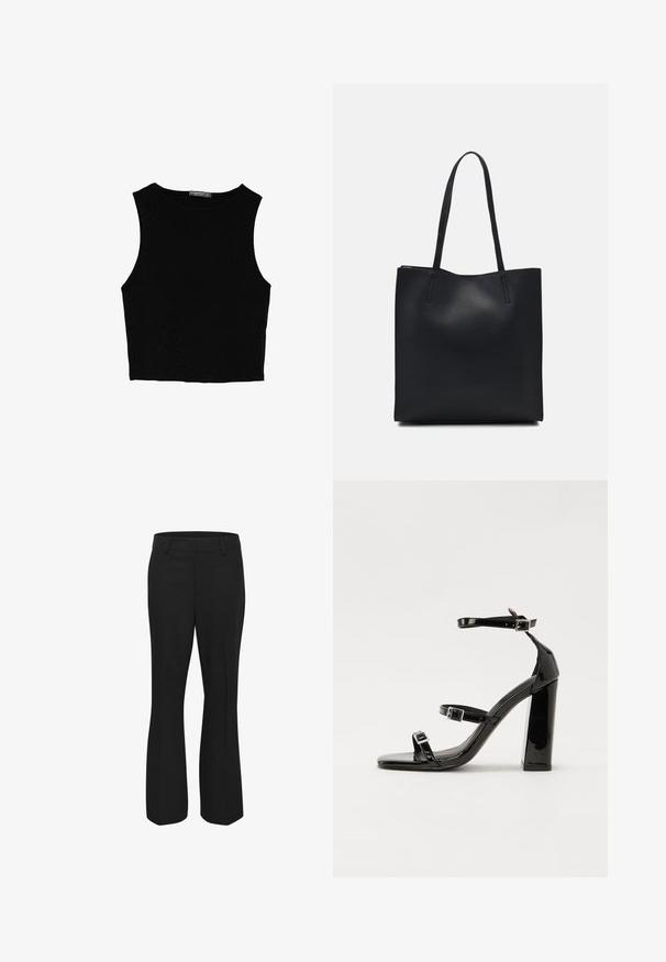 Black sleeveless crop top made of smooth fabric, featuring a round neck and a clean, simple design without patterns or hardware.; Black pants made of smooth fabric, featuring a straight leg design with a flat front and side pockets. No visible patterns or accents.; Black patent heeled sandals with a square toe, ankle straps, and silver buckles. Features a chunky block heel for stability.; Black leather tote bag with smooth texture, rectangular shape, and two long handles. No visible hardware or embellishments.