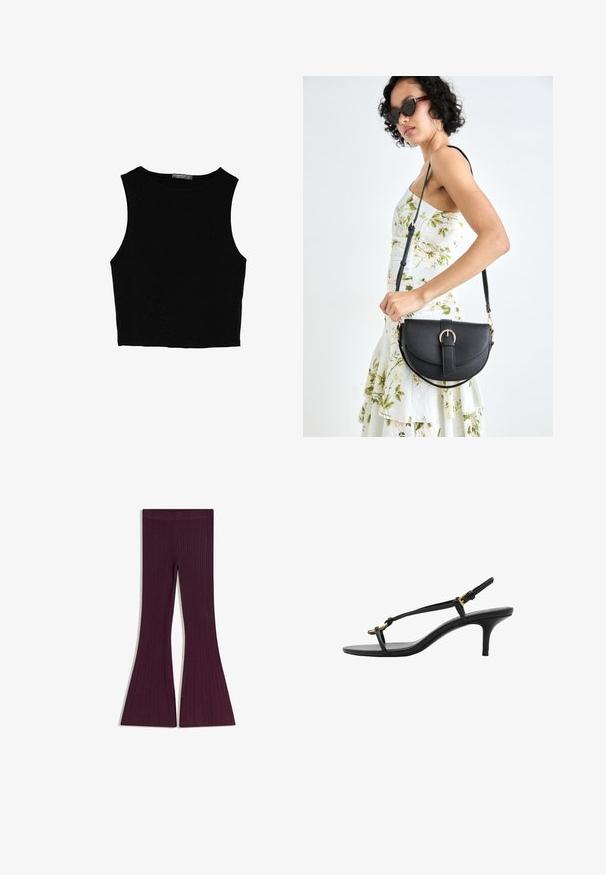 Czarny bezrękawnik crop top z gładkiego materiału, z okrągłym dekoltem i czystym, prostym wzornictwem, bez wzorów czy metalowych elementów.; Rozszerzane legginsy w bogatym burgundzie, z teksturowanym prążkowanym wzorem i bezpiecznym, elastycznym paskiem w talii zapewniającym komfort i dopasowanie.; Czarne skórzane sandały na koturnie z cienkimi paskami, złotą klamrą i minimalistycznym pętelką na palce na białym tle.; Czarna skórzana torebka o zakrzywionym kształcie, z odpinanym paskiem i złotymi akcentami. Torebka posiada klapę z zapięciem w kształcie klamry.