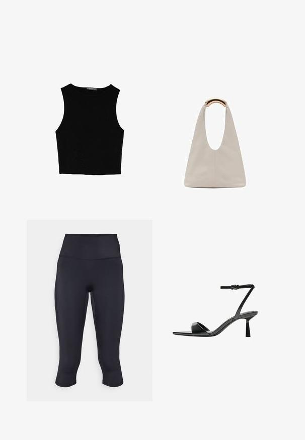 Černý bezsleeve crop top vyrobený z hladké tkaniny, s kulatým výstřihem a čistým, jednoduchým designem bez vzorů nebo kovových doplňků.; Černé capri legíny vyrobené z elastického materiálu s vysokým pasem a boční kapsou. Hladký povrch s minimem švů pro pohodlí.; Bershka Sandály na vysokém podpatku - black; Světlá šedá kožená taška s U-tvarovaným designem a zakřivenou kovovou rukojetí. Hladký povrch s minimálním šitím a bez viditelných vzorů.