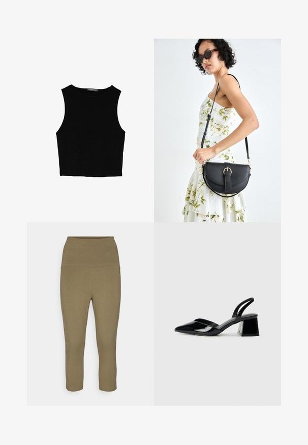 Czarny bezrękawnik crop top z gładkiego materiału, z okrągłym dekoltem i czystym, prostym wzornictwem, bez wzorów czy metalowych elementów.; Olive zielone legginsy capri wykonane z miękkiego, elastycznego materiału; posiadają szeroki pas dla wsparcia oraz bezszwowy design dla komfortu.; Czarne lakierowane półbuty na obcasie z wydłużonym noskiem i geometrycznym słupkiem. Charakteryzują się eleganckim, minimalistycznym designem oraz gładką fakturą.; Czarna skórzana torebka o zakrzywionym kształcie, z odpinanym paskiem i złotymi akcentami. Torebka posiada klapę z zapięciem w kształcie klamry.