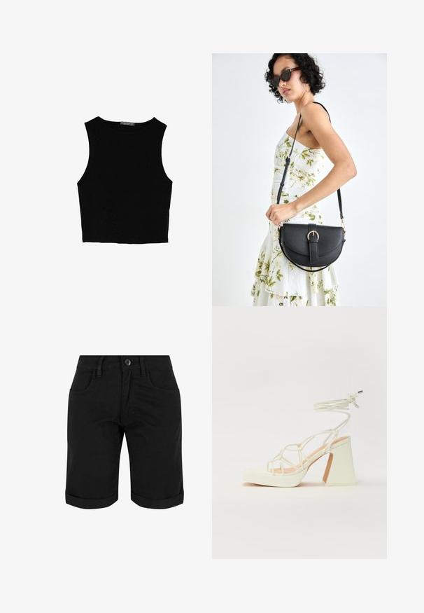 Czarny bezrękawnik crop top z gładkiego materiału, z okrągłym dekoltem i czystym, prostym wzornictwem, bez wzorów czy metalowych elementów.; Czarne bawełniane szorty z zapięciem na guzik, z podwiniętymi mankietami, dwoma przednimi kieszeniami i gładką fakturą.; Biała sandał na wysokim obcasie z masywnym słupkiem, z paskowym wzorem i wiązaniem przy kostce. Gładka faktura z platformą z przodu dla dodatkowej wysokości.; Czarna skórzana torebka o zakrzywionym kształcie, z odpinanym paskiem i złotymi akcentami. Torebka posiada klapę z zapięciem w kształcie klamry.