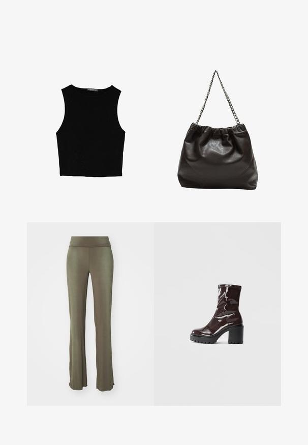 Čierny bezrukávový crop top vyrobený z hladkej tkaniny, so zaobleným výstrihom a čistým, jednoduchým dizajnom bez vzorov alebo kovania.; Olivovo zelené rozšírené nohavice vyrobené z mäkkého, elastického materiálu. Majú široký pás a hladký povrch bez viditeľných vzorov alebo akcentov.; Lesklé burgundské kotníkové boty s robustním černým podpatkem, s hladkou strukturou a jednoduchým designem. Bez viditelných zapínání nebo vzorů.; Hnedá kožená taška so zberaným vrchom a reťazovým popruhom. Hladký povrch s lesklým finišom a jemným švom po stranách.