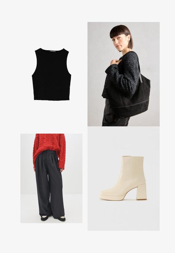 Black sleeveless crop top made of smooth fabric, featuring a round neck and a clean, simple design without patterns or hardware.; Red cable-knit sweater paired with high-waisted, dark gray wide-leg trousers and black flats with cream accents. Textured knit and pleats visible.; Beige leather ankle boot with block heel and platform sole, smooth finish, and slightly squared toe facing left on white background.; Black suede tote bag with a smooth texture, structured shape, and contrasting stitching. Features long straps for shoulder carry.