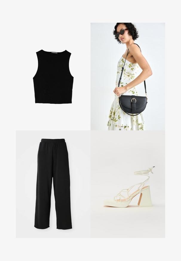 Schwarzes ärmelloses Crop-Top aus glattem Stoff, mit rundem Ausschnitt und einem klaren, schlichten Design ohne Muster oder Beschläge.; Schwarze weit geschnittene Hosen aus weichem Stoff, mit elastischem Bund und ohne sichtbare Taschen. Glatte Textur mit lässigem Fit.; Weiße High-Heel-Sandale mit einem klobigen Absatz, die über ein Riemchendesign und ein Knöchelband verfügt. Glatte Textur mit einer Plattform vorne für zusätzliche Höhe.; Schwarze Lederhandtasche mit geschwungener Form, abnehmbarem Tragegurt und goldenen Beschlägen. Die Tasche verfügt über einen Deckel mit einer Schnallen-Details.
