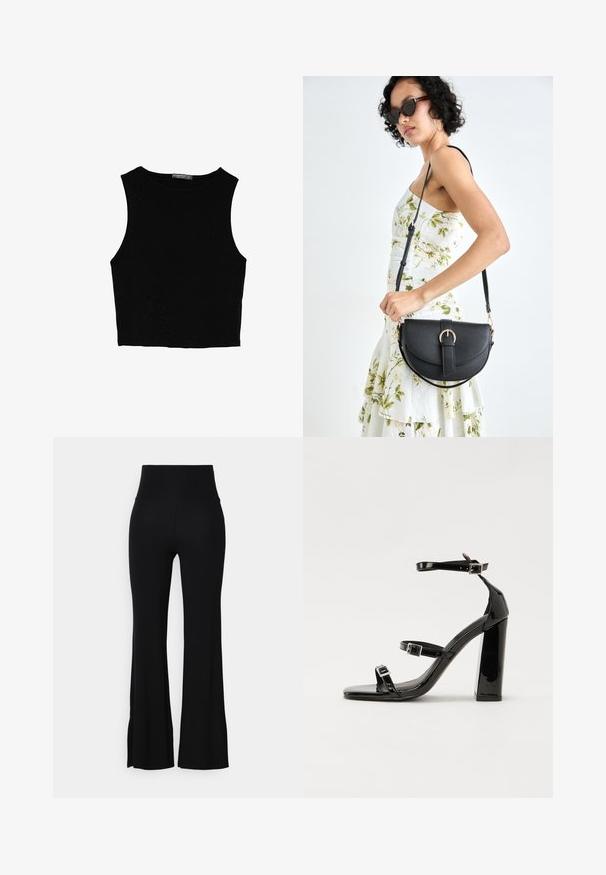 Black sleeveless crop top made of smooth fabric, featuring a round neck and a clean, simple design without patterns or hardware.; Black flared pants made of stretchy fabric, featuring a high waist and a smooth texture. The hem flares out gently from the knee.; Black patent heeled sandals with a square toe, ankle straps, and silver buckles. Features a chunky block heel for stability.; Black leather handbag with a curved shape, detachable strap, and gold hardware. The bag features a flap with a buckle detail.