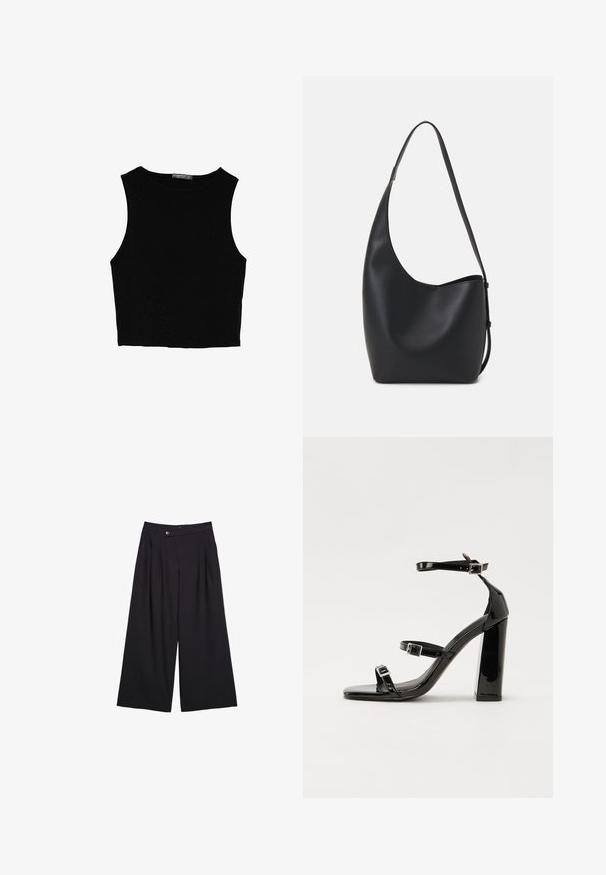 Čierny bezrukávový crop top vyrobený z hladkej tkaniny, so zaobleným výstrihom a čistým, jednoduchým dizajnom bez vzorov alebo kovania.; Čierne nohavice s širokými nohavicami vyrobené z hladkej látky, s prednými záhybmi, zapínaním na gombík a dizajnom s vysokým pásom.; Čierne lakované sandále na podpätku so štvorcovou špičkou, navlečenými remienkami okolo členku a striebornými prackami. Disponujú masívnym blokovým podpätkom pre stabilitu.; Čierna kožená hobo taška so hladkou textúrou, zakriveným tvarom a jedným nastaviteľným popruhom; má široké otvorenie na vrchu.
