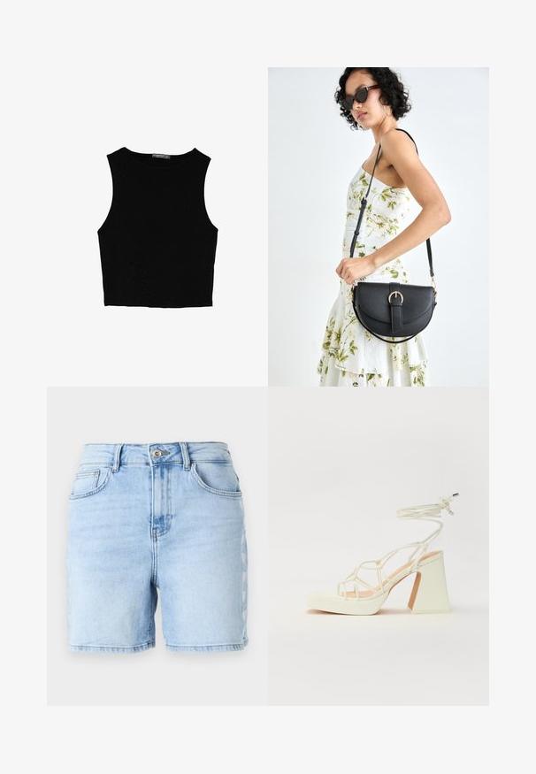 Svart ärmlös crop top i mjukt tyg, med rund hals och en ren, enkel design utan mönster eller detaljer.; Ljusblå denimshorts med hög midja, rå nederkant, fem fickor och dekorativ sidstygnsdesign. Tillverkade av bomullstyg.; Vit högklackad sandal med en kraftig klack, med ett remdesign och ankelband. Slät textur med en plattform framtill för ökad höjd.; Svart läderhandväska med en böjd form, avtagbar rem och guldiga detaljer. Väskan har ett lock med en spänndetalj.