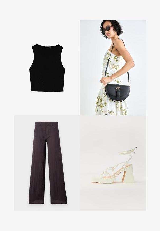 Črn brez rokavov crop top, izdelan iz gladkega materiala, z okroglim izrezom in čistim, preprostim dizajnom brez vzorcev ali dodatkov.; Temno sivi široki hlače iz lahkega, teksturiranega materiala z gladkim zaključkom, z sprednjimi žepi in klasičnim pasom.; Bela sandala na visokih petah s debelim petam, ki ima obliko trakcev in vezanje okoli gležnja. Gladka tekstura z platformo spredaj za dodatno višino.; Črna usnjena torbica s ukrivljeno obliko, z odstranljivo naramnico in zlatimi dodatki. Torbica ima pokrov s podrobnostmi v obliki zaponke.