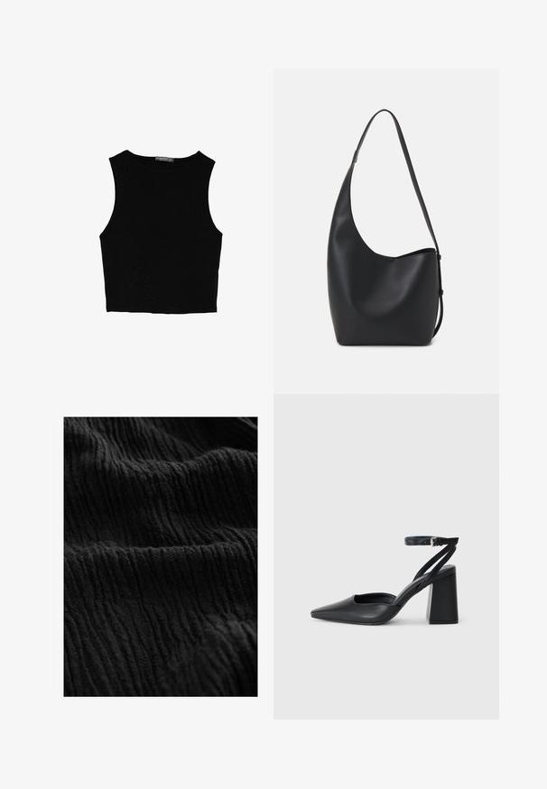 Schwarzes ärmelloses Crop-Top aus glattem Stoff, mit rundem Ausschnitt und einem klaren, schlichten Design ohne Muster oder Beschläge.; Schwarzer, zerknitterter Stoff mit einer strukturierten Oberfläche, der tiefe Rillen und verschiedene Farbtöne aufweist, was ein dimensionales Erscheinungsbild erzeugt.; Schwarze Leder-Pumps mit spitzer Zehe, einem Knöchelriemen und einem blockigen Absatz. Flache Textur, elegantes Design und minimalistische Ästhetik.; Schwarze Leder-Hobo-Tasche mit einer glatten Textur, geschwungener Form und einem einzelnen verstellbaren Tragegurt; verfügt über eine weite Öffnung am oberen Ende.