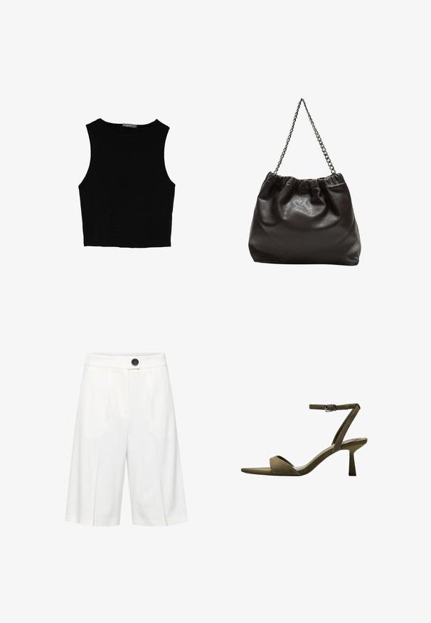 Top corto senza maniche nero realizzato in tessuto liscio, con scollatura rotonda e un design pulito e semplice, privo di pattern o accessori.; b.young BYRIZETTA - Shorts - off white; Bershka WITH ANKLE STRAP - Sandali - mottled green; Borsa in pelle marrone con parte superiore arricciata e tracolla a catena. Texture liscia con finitura lucida e dettagli di cucitura sottili sui lati.