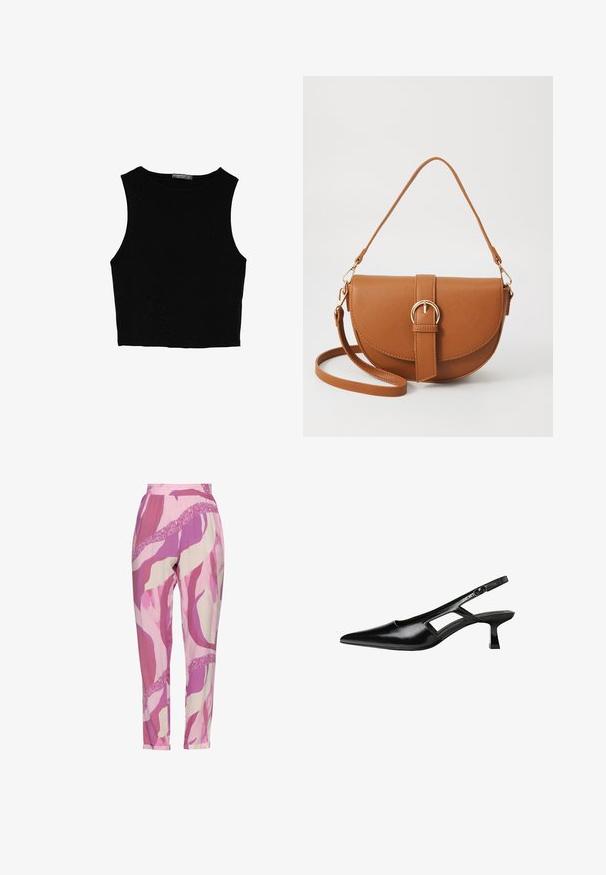 Top court sans manches noir en tissu lisse, avec un col rond et un design épuré, simple, sans motifs ni accessoires.; Pantalons roses à motifs présentant des vagues abstraites dans des teintes de rose clair et foncé ; tissu léger avec une taille élastique et une jambe fuselée.; Escarpins slingback en cuir verni noir avec un bout pointu, un design découpé sur les côtés et un petit talon carré. Texture lisse avec des accents minimaux.; Sac bandoulière en cuir marron avec une forme incurvée, quincaillerie dorée et un accent en boucle. Comprend une bandoulière détachable.