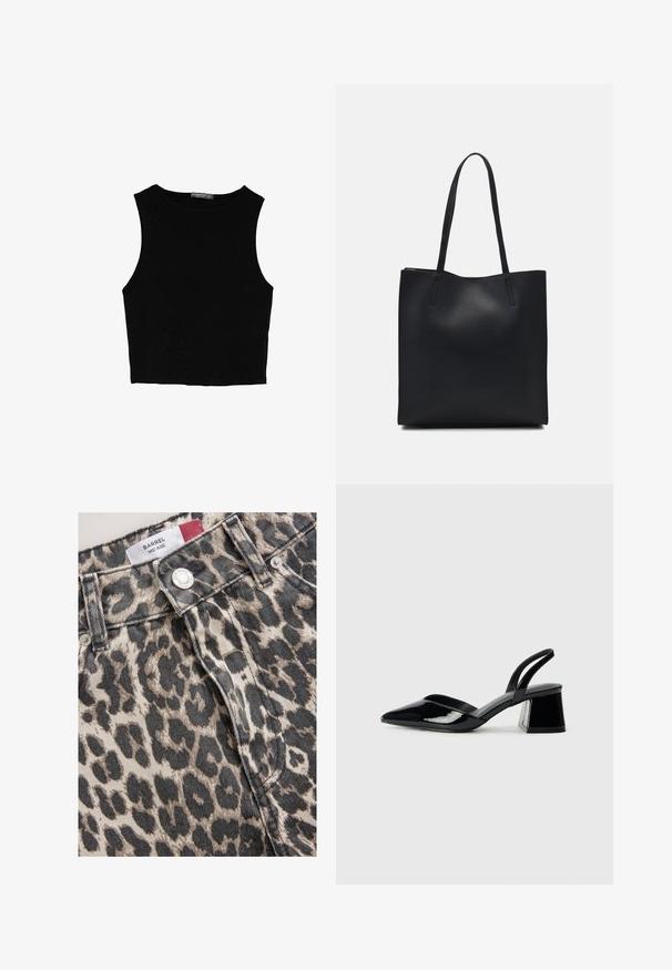 Czarny bezrękawnik crop top z gładkiego materiału, z okrągłym dekoltem i czystym, prostym wzornictwem, bez wzorów czy metalowych elementów.; Tkanina dżinsowa w cętki lamparta ma średni stan i zapięcie na srebrny guzik. Tekstura jest szorstka, ukazując naturalny splot dżinsu.; Czarne lakierowane półbuty na obcasie z wydłużonym noskiem i geometrycznym słupkiem. Charakteryzują się eleganckim, minimalistycznym designem oraz gładką fakturą.; Czarna skórzana torba tote o gładkiej fakturze, prostokątnym kształcie i dwóch długich uchwytach. Brak widocznych elementów metalowych i ozdób.