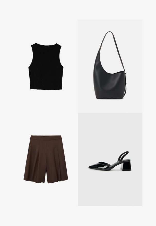 Top corto senza maniche nero realizzato in tessuto liscio, con scollatura rotonda e un design pulito e semplice, privo di pattern o accessori.; Pantaloni corti pieghettati marroni con vita alta. Il tessuto appare liscio e leggero, con pieghe profonde e pulite per una silhouette fluida.; Décolleté in vernice nera con punta affusolata e tacco in geometria cubica. Presentano un design elegante e minimalista, con una texture liscia.; Borsa hobo nera in pelle con una superficie liscia, forma curvata e una singola tracolla regolabile; presenta un'ampia apertura nella parte superiore.