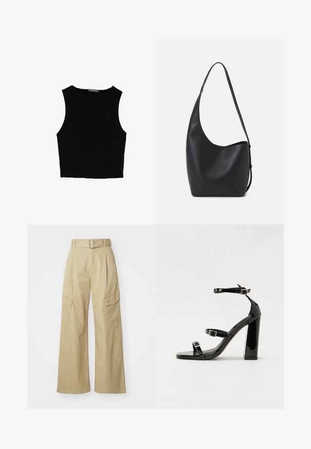 Černý bezsleeve crop top vyrobený z hladké tkaniny, s kulatým výstřihem a čistým, jednoduchým designem bez vzorů nebo kovových doplňků.; Beige cargo kalhoty s širokým střihem, vyrobené z lehkého materiálu. Mají pásek v pase, dvě boční kapsy a výrazné přední sklady.; Černé lakované sandály na podpatku se čtveratou špičkou, lýtkovými pásky a stříbrnými přezkami. Disponují masivním blokovým podpatkem pro stabilitu.; Černá kožená hobo taška s hladkým povrchem, zakřiveným tvarem a jedním nastavitelným popruhem; má široké otevírání nahoře.