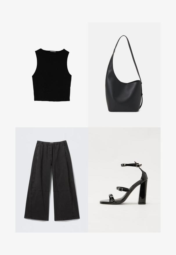 Schwarzes ärmelloses Crop-Top aus glattem Stoff, mit rundem Ausschnitt und einem klaren, schlichten Design ohne Muster oder Beschläge.; Weite schwarze Baumwollhosen mit elastischem Bund, strukturierter Stoffoberfläche und seitlichen, eingesetzten Ziernähten.; Schwarze patentierte Sandalen mit Absatz, quadratischer Spitze, Knöchelriemen und silbernen Schnallen. Mit einem stabilen Blockabsatz für mehr Stabilität.; Schwarze Leder-Hobo-Tasche mit einer glatten Textur, geschwungener Form und einem einzelnen verstellbaren Tragegurt; verfügt über eine weite Öffnung am oberen Ende.
