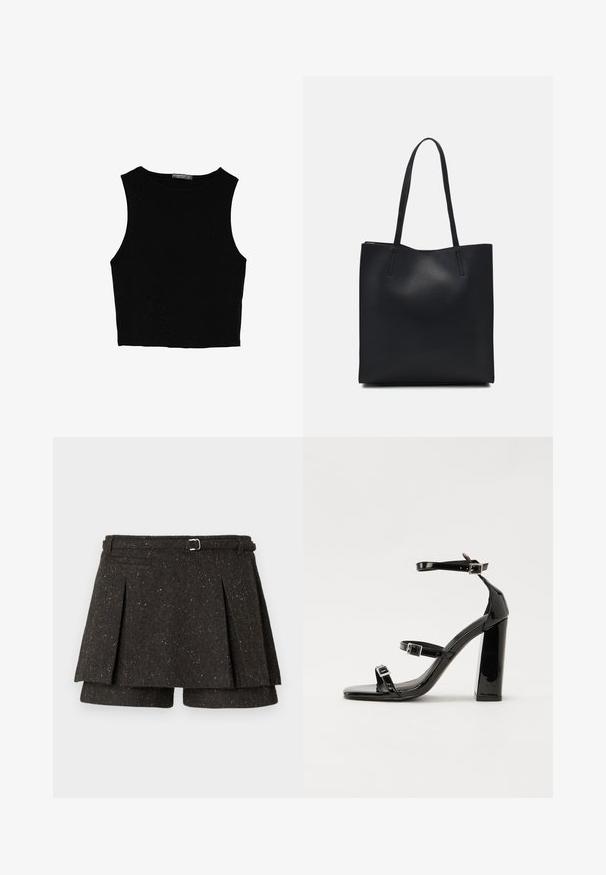 Černý bezsleeve crop top vyrobený z hladké tkaniny, s kulatým výstřihem a čistým, jednoduchým designem bez vzorů nebo kovových doplňků.; Tmavě šedá melírovaná skort z vlněné směsi s plisemi, bočním páskem s kovovou přezkou a skrytými šortkami pod ní.; Černé lakované sandály na podpatku se čtveratou špičkou, lýtkovými pásky a stříbrnými přezkami. Disponují masivním blokovým podpatkem pro stabilitu.; Černá kožená taška přes rameno s hladkým povrchem, obdélníkovým tvarem a dvěma dlouhými uchy. Žádné viditelné kování ani ozdoby.