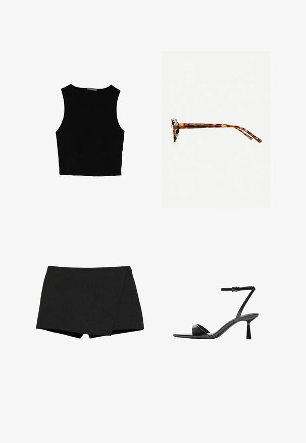Črn brez rokavov crop top, izdelan iz gladkega materiala, z okroglim izrezom in čistim, preprostim dizajnom brez vzorcev ali dodatkov.; Črne, lahke hlače s prekrivajočim dizajnom. Imajo gladko teksturo in čiste robove. Ravno pas in brez vidnih zakovic.; Bershka Sandali z visoko peto - black; Sončna očala iz želvosliva z debelimi okvirji, rahlo ukrivljenimi nogicami in gladko teksturo. Imajo klasičen dizajn z sijočim finišom.