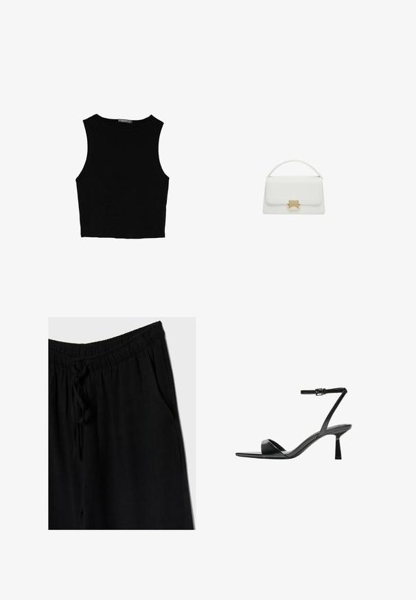 Črn brez rokavov crop top, izdelan iz gladkega materiala, z okroglim izrezom in čistim, preprostim dizajnom brez vzorcev ali dodatkov.; Črne hlače z elastičnim pasom in vrvico, ki imajo sproščen kroj in stranske žepe. Material se zdi mehak in lahek.; Bershka Sandali z visoko peto - black; Bela usnjena torbica s strukturirano zasnovo, ki ima ročaj na vrhu in zaponko v zlatem tonu. Gladka tekstura in minimalistični detajli.