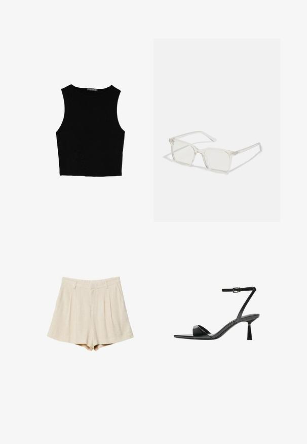 Top court sans manches noir en tissu lisse, avec un col rond et un design épuré, simple, sans motifs ni accessoires.; Shorts en lin beige avec des plis, une taille plate et des poches latérales. Le tissu a une texture douce et une coupe droite soignée.; Bershka Sandales à talons hauts - black; Lunettes carrées en plastique transparent avec des verres translucides, dotées d'accents dorés sur les branches pour plus de détails.; Sac à main en cuir noir avec une forme courbée, bandoulière amovible et des accessoires en or. Le sac est doté d'un rabat avec un détail de boucle.