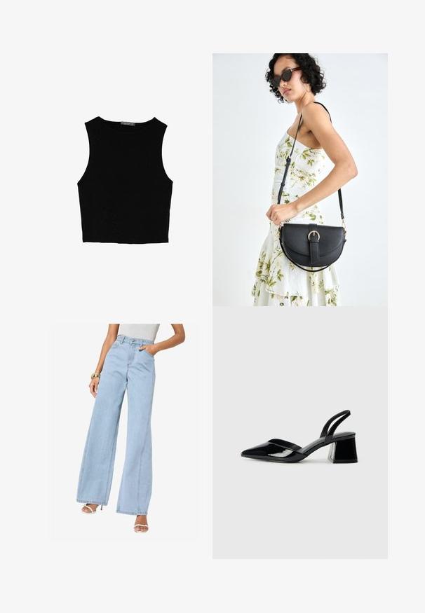 Musta hihaton crop-top, joka on valmistettu sileästä kankaasta, jossa on pyöreä kaula-aukko ja siisti, yksinkertainen muotoilu ilman kuvioita tai varusteita.; Vaaleansiniset leveälahkeiset farkut, joissa on korkea vyötärö, etutaskut ja keskimittaiset saumat; valmistettu pehmeästä denimmateriaalista.; Mustat patentoitu nahkakengät, joissa on säären takaosa ja terävä kärki, sekä geometrinen palikkakorko. Sisältää tyylikkään, minimalistisen muotoilun ja sileän pinnan.; Musta nahkainen käsilaukku, joka on kaareva muotoilultaan, irrotettavalla hihnalla ja kultaisilla yksityiskohdilla. Laukussa on läppä, jossa on solk yksityiskohta.