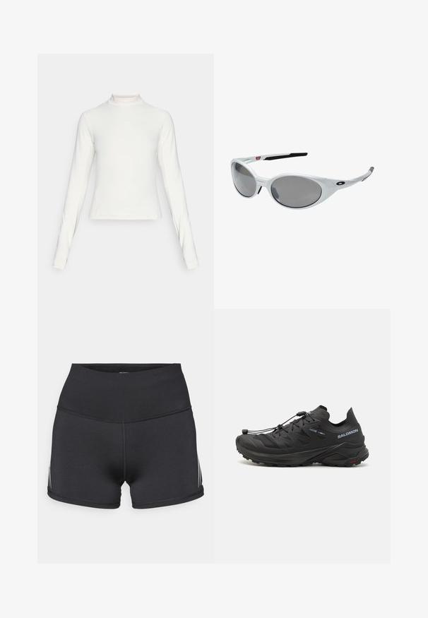 Camiseta deportiva blanca de manga larga con cuello alto y pequeño logo centrado en el pecho, mostrada sobre un fondo liso.; adidas Performance ADIZERO - Mallas running cortas - black; Zapatillas de trail running negras con un upper texturizado, paneles de malla y un sistema de cierre seguro. Cuenta con una suela robusta para mayor tracción.; Gafas de sol de plástico blanco con grandes lentes ovalados, tintados de gris. Presentan almohadillas negras para las orejas y un pequeño logotipo en el armazón. Acabado suave.; Mochila negra con un diseño aerodinámico, tejido texturizado, correas ajustables y un prominente logo plateado de "SALOMON" en la parte frontal.