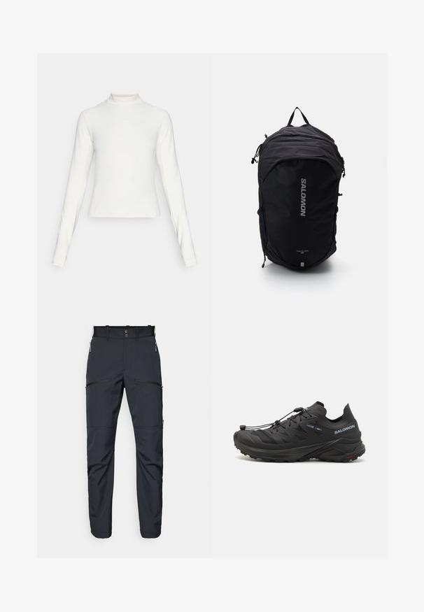 Vit långärmad atletisk topp med ståkrage och liten centrerad logotyp på bröstet, visad mot en neutral bakgrund.; Mörkgrå byxor i ett lätt och slätt tyg. Funktioner inkluderar fickor med dragkedja och en slät frontdesign med bältesöglor.; Svarta traillöparskor med en texturerad ovandel, meshpaneler och ett säkert fästsystem. Har en robust sula för bra grepp.; Svart ryggsäck med en strömlinjeformad design, texturerad tyg, justerbara remmar och en framträdande silverfärgad "SALOMON"-logotyp på framsidan.