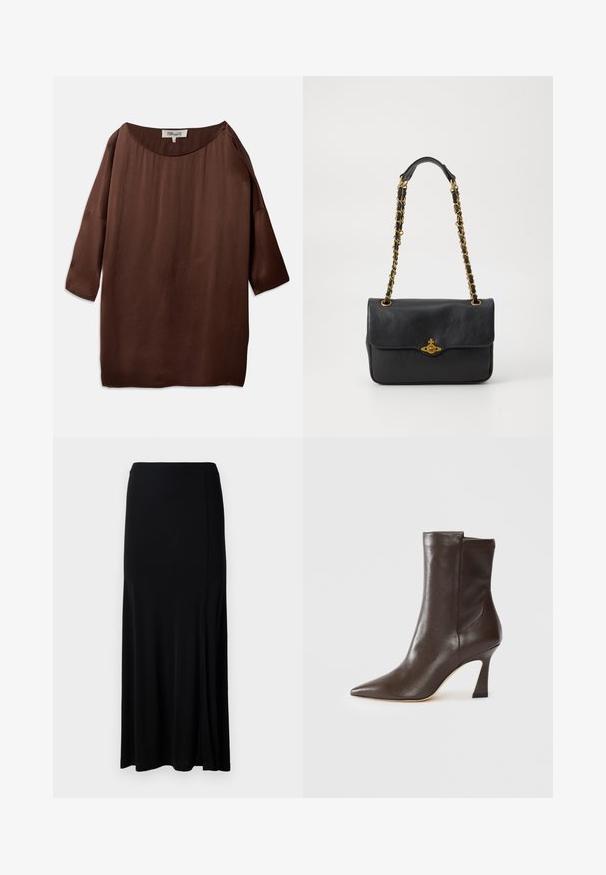 Blouse marron, ample avec un col bateau large et des manches trois-quarts, fabriquée dans un tissu lisse et texturé. Le haut présente des plis subtils.; Jupe maxi noire en tissu lisse, dotée d'une fente latérale, d'une taille élastique et d'une coupe droite pour un design minimaliste.; Botte mi-mollet en cuir marron foncé avec un bout pointu, un talon fin incurvé et une finition lisse sur fond blanc.; Sac à main en cuir noir avec un rabat, bandoulière en chaîne dorée et détail de logo à l'avant. Texture lisse.