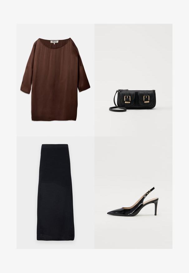 Pruun, vabalt istuv pluus laia paadi kaelusega ja kolmeveerandsleevedega, valmistatud siledast, tekstuuriga kangast. Üksusel on peened kortsud.; Mustvalge midi seelik, mis on valmistatud tekstureeritud võrgumaterjalist, painduva vöökohaga ja sirge lõikega, ühtlase värviga ja ilma mustriteta.; Must hõbedavärvi patendiga slingback kontsakingad terava varbaga, kitsas konts ja peene lõikega disain. Statistika on kuldne pandla rihmal.; Must küllastamata nahast õlakott, millel on kaks esist nähtavat taskut, kuldsed pandlad, tõmblukuga sulgemine ja peen rihm. Tekstuuriga pind ja kompaktne ristkülikukujuline kuju.