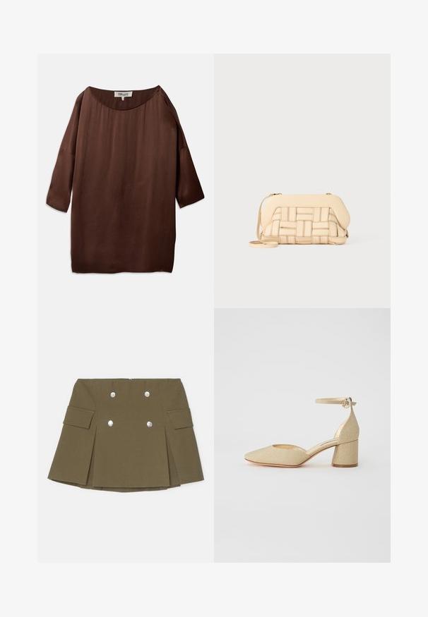 Hnedá, voľná blúzka s širokým lodičkovým výstrihom a trištvrťovými rukávmi, vyrobená z hladkej, textúrovanej látky. Vrchol má jemné vrásky.; Olivovo zelená mini sukňa vyrobená z textúrovanej látky, so striebornými dvojradovými gombíkmi a bočnými vreckami s plisovaným dizajnom.; Trblietavá zlatá topánka na nízkom podpätku s špicatou špičkou, členkovým remienkom a dekoratívnym kovovým doplnkom. Hladká textúra s lesklým povrchom.; Tkaná béžová kabelka so štruktúrovaným dizajnom, s hladkým vrchom a dlhým popruhom. Textúrované detaily zlepšujú celkový vzhľad.