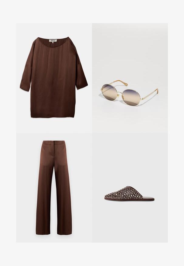 Brun, løs bluse med bred bådudskæring og trekvartærmer, lavet af et glat, struktureret stof. Toppen har subtile rynker.; Brune brede bukser lavet af glat, let stof, med en flad front, ingen lommer og en lige silhuet.; Brun vævet slide sandal med rundt tådesign, åben konstruktion, flad sål og struktureret overflade. Letvægtsmateriale og minimalistisk silhuet.; Guld metal solbriller med store runde rammer, gradientlinser fra brun til beige, og mærkede templer med navnet "Chloé."; Lysegrå lædertaske med et U-formet design og et buet metallisk håndtag. Glat tekstur med minimal syning og ingen synlige mønstre.
