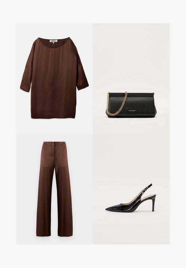 Bluză maro, potrivită, cu un decolteu larg tip bărci și mâneci până la trei sferturi, realizată dintr-un material neted, texturat. Partea superioară are cute subtile.; Pantaloni largi maro, confecționați dintr-un material ușor și neted, având un front plat, fără buzunare și o siluetă dreaptă.; Pantofi slingback din piele patent neagră, cu vârful ascuțit, tocul subțire și un design discret cu decupaj. Se evidențiază printr-un cataramă aurie pe curea.; Plică din piele neagră cu o curea din lanț auriu, având o textură netedă, formă rectangulară și o marcă embosată pe față.