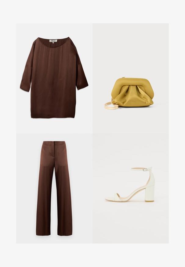 Brun, løs bluse med bred bådudskæring og trekvartærmer, lavet af et glat, struktureret stof. Toppen har subtile rynker.; Brune brede bukser lavet af glat, let stof, med en flad front, ingen lommer og en lige silhuet.; Hvide læder sandaler med blokhæl, der har en ankelrem med spænde og minimalistisk design. Åben tå og glatte teksturer hele vejen igennem.; Gul, blødt tekstureret clutchtaske med en struktureret top, samlet bund og en tynd, aftagelig rem. Lynlås-lukning øverst.