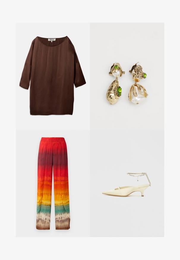 Blusa marrone ampia e morbida con scollo a barca largo e maniche a tre quarti, realizzata in un tessuto liscio e strutturato. La parte superiore presenta leggere pieghe.; Pantaloni a gamba larga con un design gradienti in rosso, arancione, giallo e verde. Realizzati in un tessuto leggero e morbido con vita elastica.; Scarpa slingback in satin giallo con punta affusolata e tacco basso, dotata di una cinghia alla caviglia decorata con una catena e strass. Texture liscia, design minimale.; Orecchini in tono dorato caratterizzati da forme irregolari e texture, adornati con gemme verdi e perle bianche, fissati con chiusure a clip.