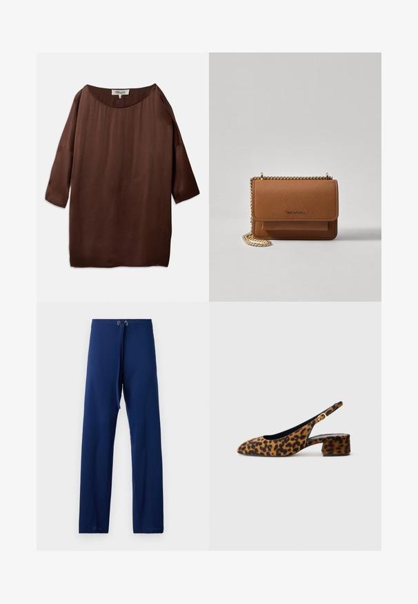 Brūna, vaļīga blūze ar plašu laivu kakla izgriezumu un trīs ceturtdaļu piedurknēm, izgatavota no gludas, teksturētas auduma. Topam ir maigas kroku detaļas.; Tumši zili bikses ar brīvu piegriezumu, izgatavotas no gludas auduma. Aprīkotas ar aukliņas jostu un zelta tonī acīm regulēšanai.; Sieviešu leopardu raksta siksniņu kurpes ar zemu bloku papēdi un zelta sprādzi sānu siksniņā, attēlotas sānu profilā uz vienkārša fona.; Brūna teksturēta ādas plecu soma ar zelta ķēdes siksnu un atloka aizdari. Priekšpusē ir logotipa detaļa un kabata zem atloka.