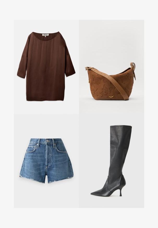 Barna, laza szabású blúz széles, hajónyakú dekoltázzsal és háromnegyedes ujjakkal, sima, texturált anyagból készült. A felső finom ráncokkal rendelkezik.; Világoskék farmer rövidnadrág magas derékkal, rojtos szegéllyel, oldalzsebekkel és látható varrási részletekkel. Klasszikus gombos és cipzáras záródással rendelkezik.; Térd fölötti fekete bőr csizmák hegyes orral és karcsú stiletto sarkal. Simább textúrájúak, jól illeszkedő kialakítással és varrással a tetején.; Barna velúr válltáska, dombornyomott virágmintával, sima barna bőrpánttal és arany színű fém kiegészítőkkel.